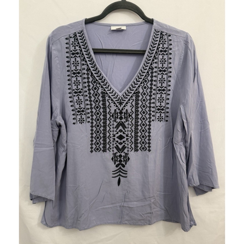 J Jill Blue V Neck Top Embroidered‎ 3/4 Sleeve Rayon Womens Size L Petite